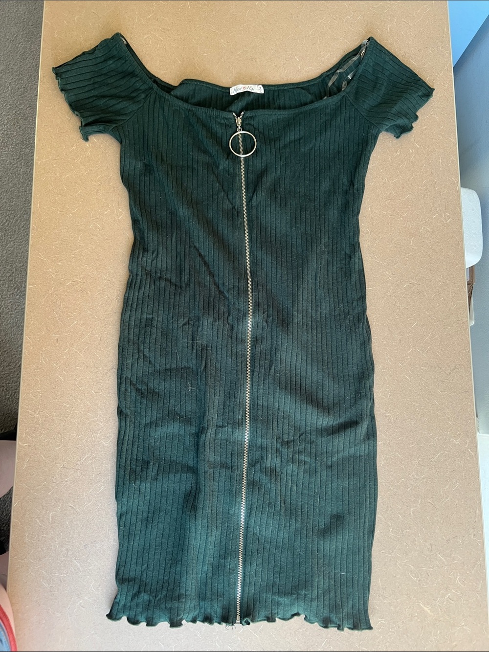 Heart Hips Dark Green Ribbed Off-Shoulder Zip Front Bodycon Dress